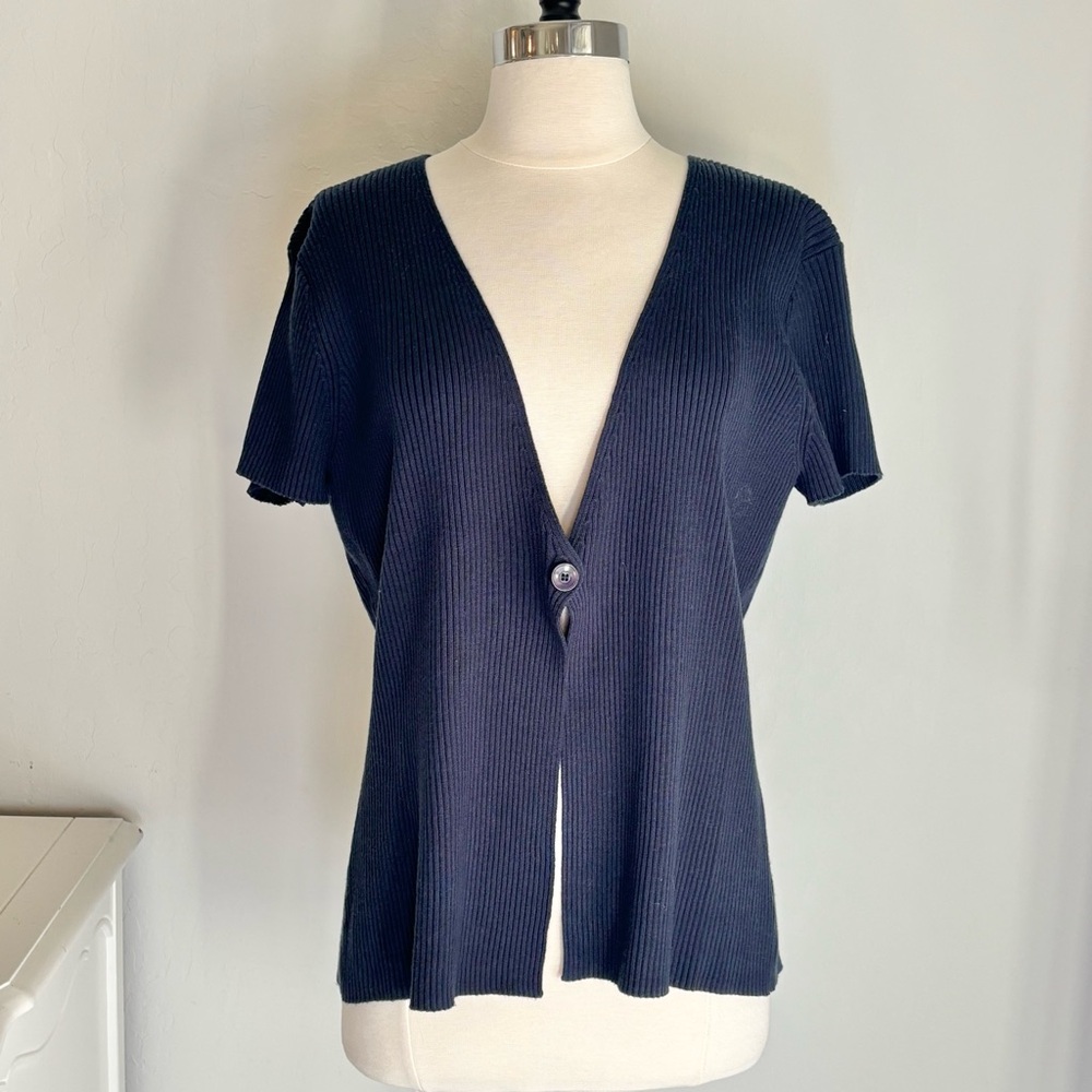 New York & Company Navy Blue Ribbed Short Sleeve Single Button Front Cardigan XL